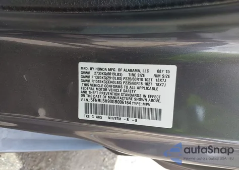 2016 Honda Odyssey Touring/Touring Elite z USA, uszkodzony, nr VIN 5FNRL5H90GB006164